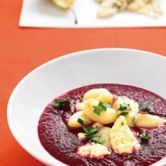 Beetroot and pear soup with gorgonzola and gnocchi