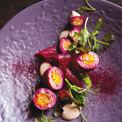 Beetroot gravadlax with beetroot pickled eggs
