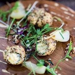 Blue cheese, bulgur, quinoa and herb croquettes with pickled pears and bean and pecan nut salsa