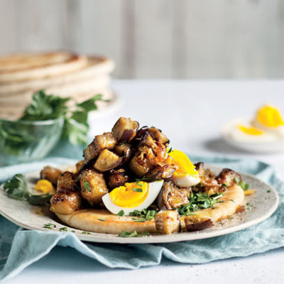 Braised brinjal and onion with hardboiled egg