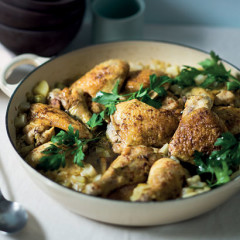 Braised chicken with root vegetables on barley pilaf
