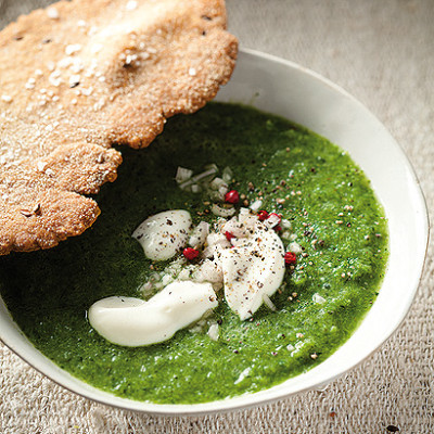 Broccoli soup with olive oil rye flatbreads