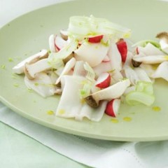 Butterfish carpaccio with radish, celery ribbons and king-oyster mushrooms