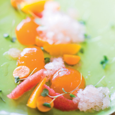 Campari-and-orange jellies with grapefruit granita
