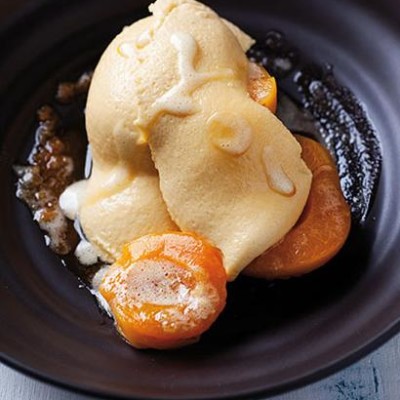 Caramel mousse with poached apricots and salted butter