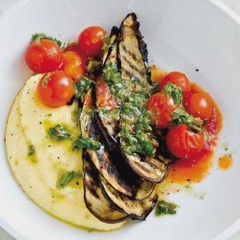 Charred anchovy and tomato brinjal chips on creamy polenta