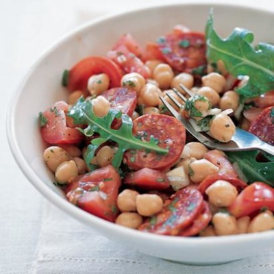 Chickpea, tomato and chorizo salad