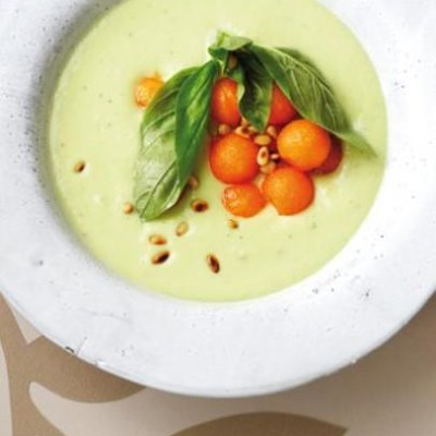 Chilled avocado and yoghurt soup with sweet melon