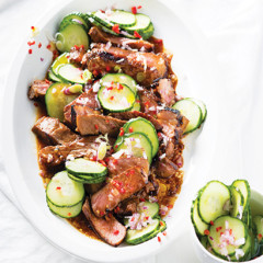 Chilli, ginger and honey Asian-style steaks with pickled cucumbers