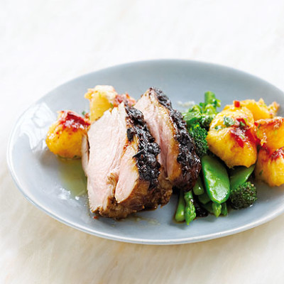 Chinese roasted pork neck with a peachy salsa