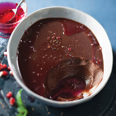 Chocolate-and-cardamom panna cotta with rose syrup