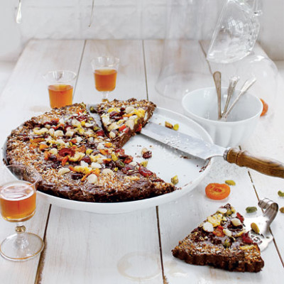 Chocolate, fruit and coconut tart