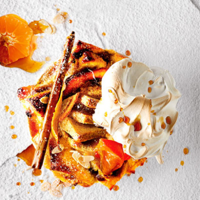 Citrusy bread-and-butter pudding with Italian meringue