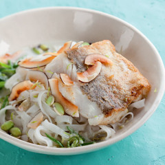 Coconut-and-cardamom rice noodles with pan-fried hake