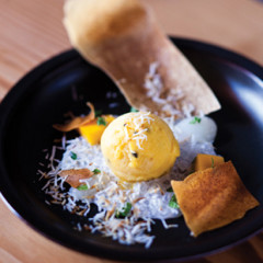 Coconut tapioca with passion fruit sorbet and spring roll crisps