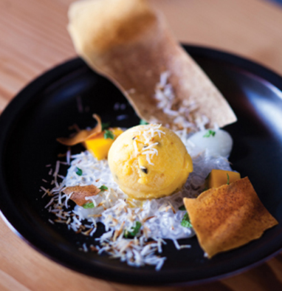 Coconut tapioca with passion fruit sorbet and spring roll crisps | Woolworths TASTE
