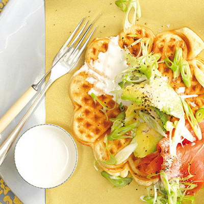 Coconut waffles with salmon and avocado