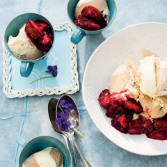 Coffee-and-vanilla layered frozen parfait with roast plums