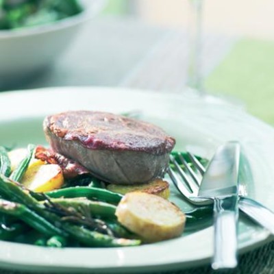 Coppa and beef medallion sandwiches with grilled green beans and potatoes