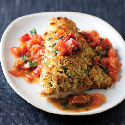 Coriander and chilli-crumbed fish with chunky tomatoes