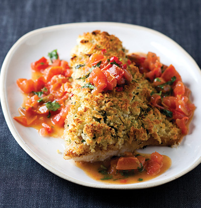 Coriander and chilli-crumbed fish with chunky tomatoes | Woolworths TASTE