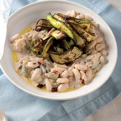Creamy beans with pan-fried baby marrow ribbons