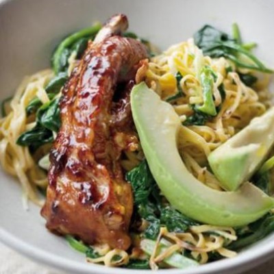 Creamy noodles with wilted Asian greens and sticky ribs