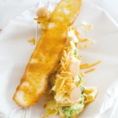 Crispy baguettes with smashed avocado, mature cheddar shavings, pickled onion and potato straws