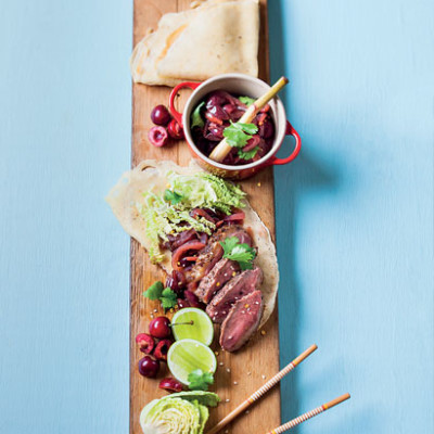 Crispy duck pancakes with cherry-and fennel chutney