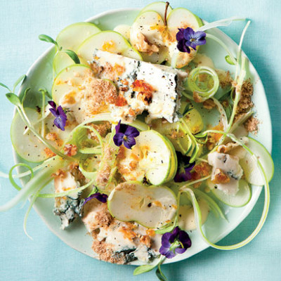 Crunchy apple-and-celery salad with blue cheese, candied walnuts and biltong dust