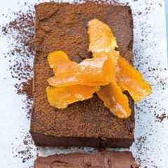 Dense chocolate and orange slab cake with candied orange