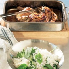 Flat-roast tamarind and citrus chicken with spinach-basmati rice
