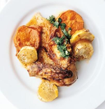 Flat-roasted organic chicken on sweet potatoes | Woolworths TASTE