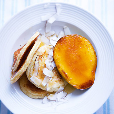 Fluffy coconut crumpets with mango brulee