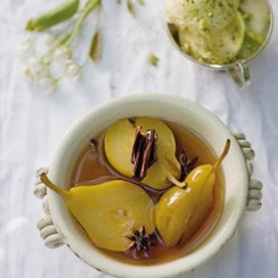 Fragrant spice and verjuice poached pears with pistachio mascarpone