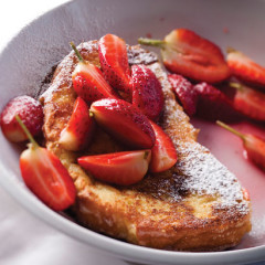 French toast with fresh strawberries in rose sugar syrup
