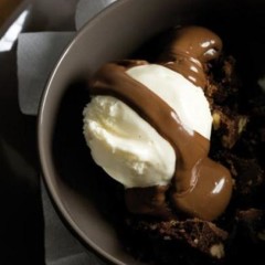 French vanilla ice cream with chunky chocolate brownie sauce
