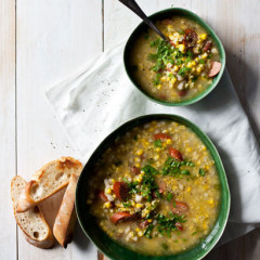 Fresh corn soup with sausage, samp and beans
