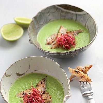 Fresh pea soup with smoked peppered mackerel