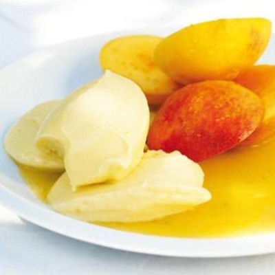 Fresh peaches with mango sorbet and gooseberry dressing