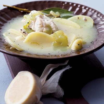 Gently poached white fish in a white wine and potato broth