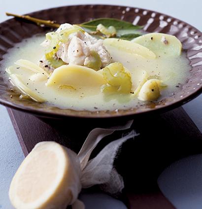 Poached white fish in a white wine and potato broth | Woolworths TASTE