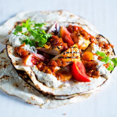 Ginger and Peppadew chicken wraps with baba ganoush