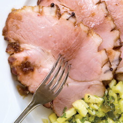 Glazed gammon with a pineapple, fig and ginger salsa