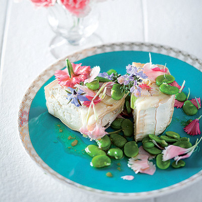Goats cheese with mustard, carnations and broad bean vinaigrette