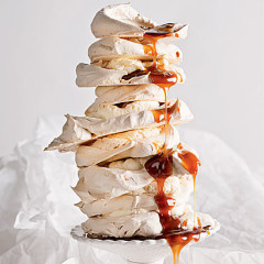 Gooey brown-sugar meringues with white chocolate mousse and coffee syrup