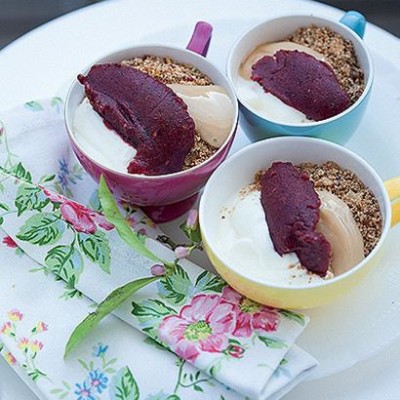 Granola, ricotta and yoghurt cups with iced berries