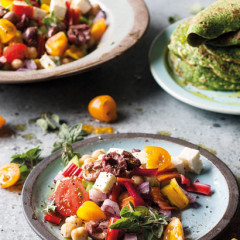 Greek salad with spinach-and-nutmeg crepes