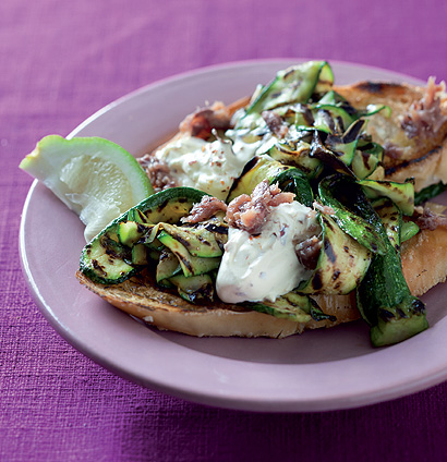 Grilled baby marrow & anchovy bruschetta recipe | TASTE