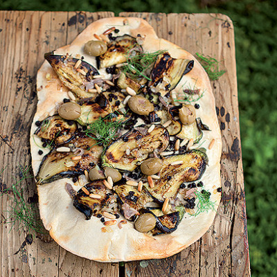 Grilled brinjal, pine nut and anchovy bubble bread